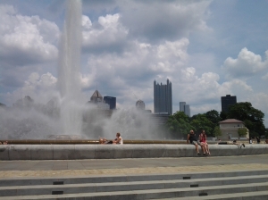 Downtown Pittsburgh as seen from the fountain at Point State Park